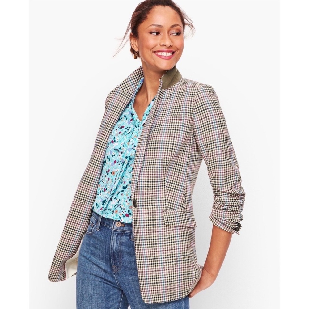 Talbots Womens Sz 8 Multi Color Check Plaid One‎ Button Blazer Cotton Wool Mix